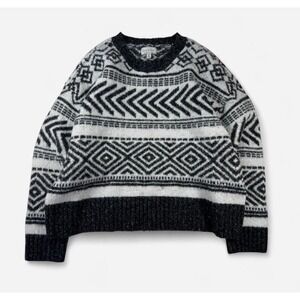 Lucky Brand Sweater Womens Medium Black White Fuzzy Geometric Knit Pullover